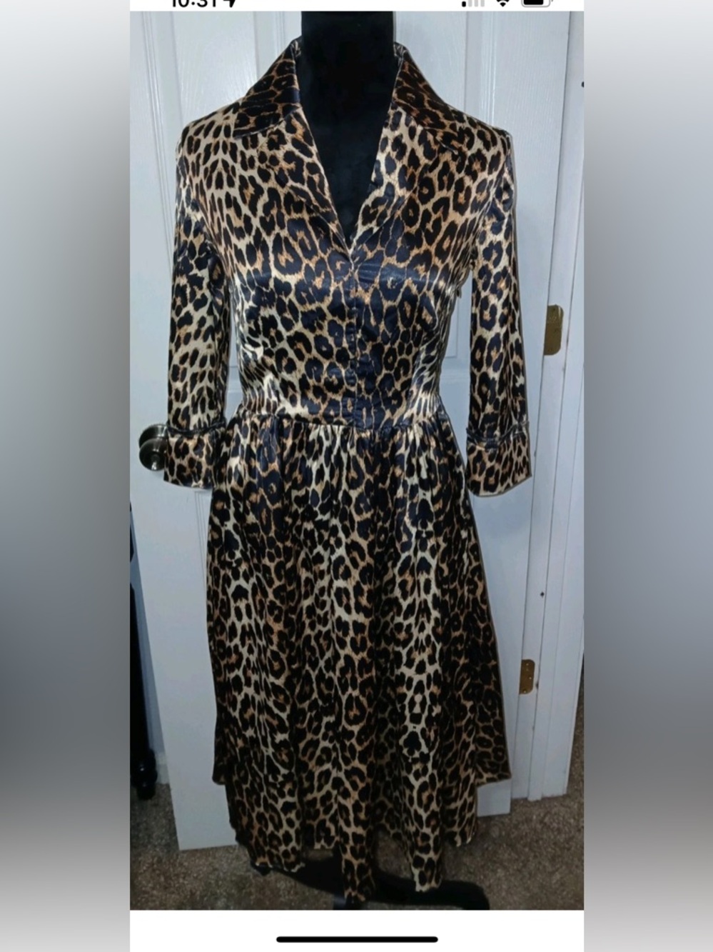 Leopard Print Satin Long Sleeve Midi Dress - Brown/Black